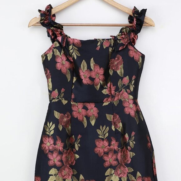 NWT Lulus Pop the Bottle Navy Blue Floral Jacquard Ruffled Mini Dress​ - Picture 4 of 9